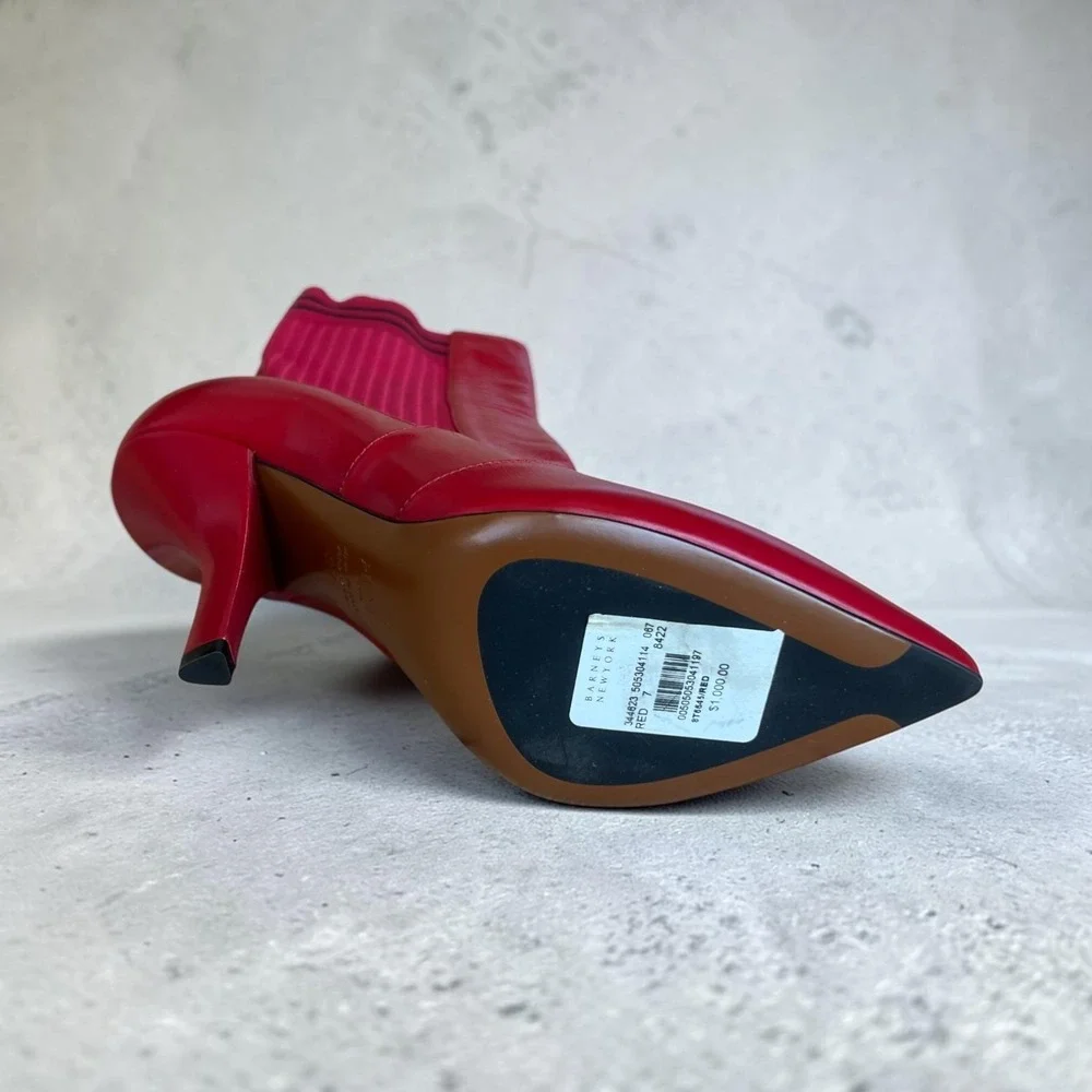FENDI Rockoko Sock Boots Red Leather Pointed Toe Ankle Heels Italy Size 37 $1000